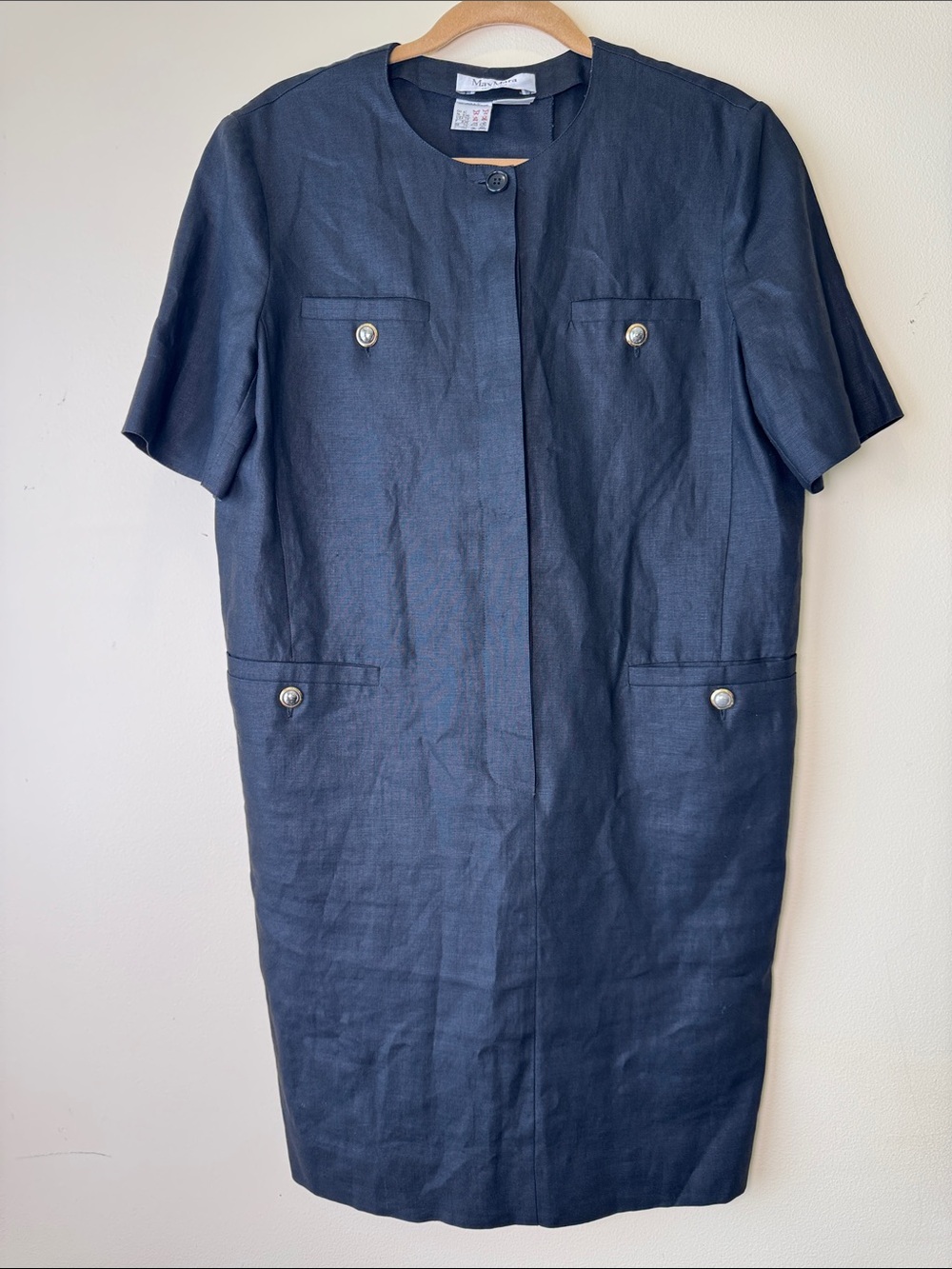 MAXMARA Vintage 100% Linen Black Short-Sleeve Lady Shift Dress Minimal Preppy 10